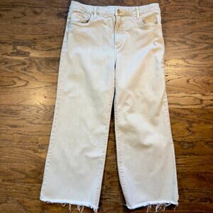 KUT From The Kloth Meg Fab Ab Wide Leg Jeans Beige Raw Hem Cropped Womens 12